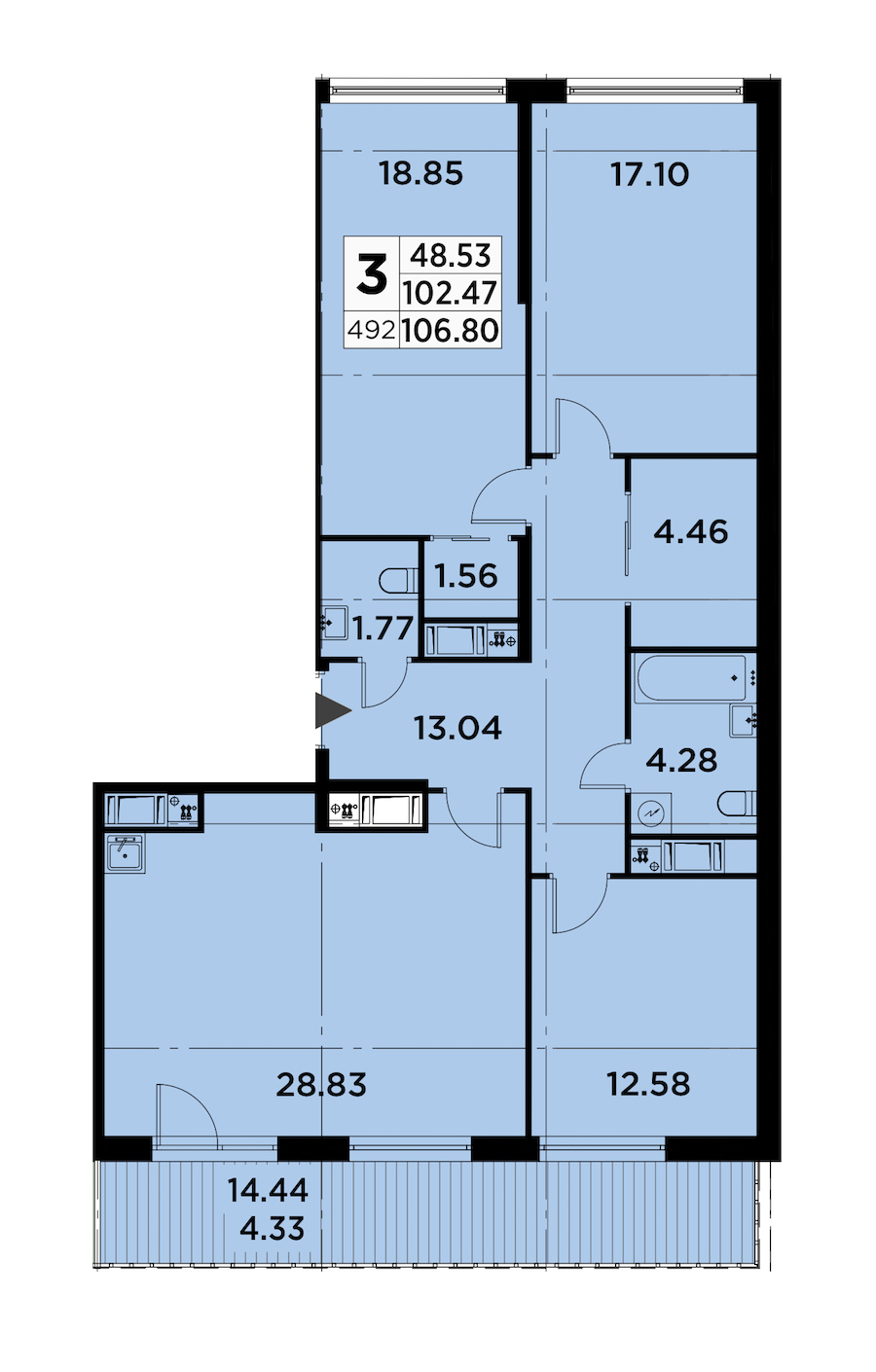 3-комнатная квартира 106.8 м², 14/14 эт., ЖК «GloraX City Zanevsky»